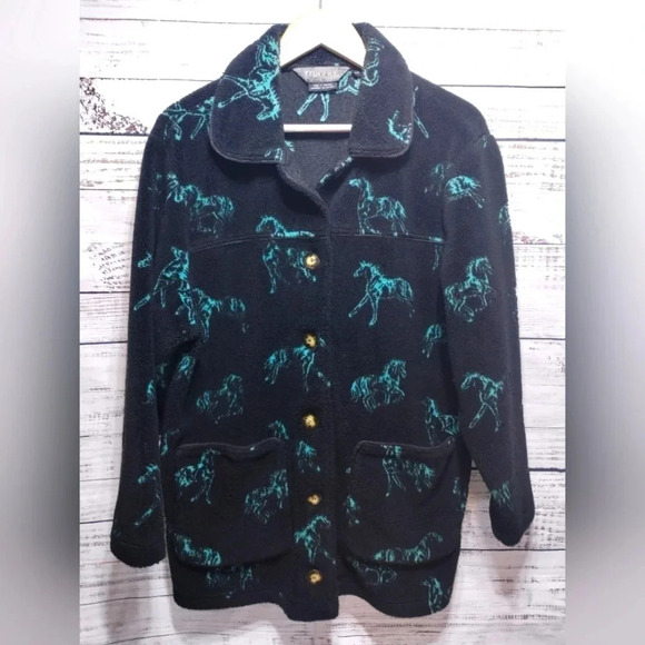 Tsunami Fleece Jacket in Black Teal Horses size Large Equestrian Western Ranch - Picture 1 of 8